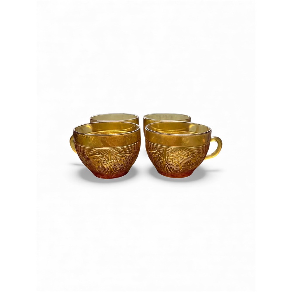Vintage Indiana Tiara Glass Amber Sandwich Pattern Teacup Set of 4 - Picture 3 of 8